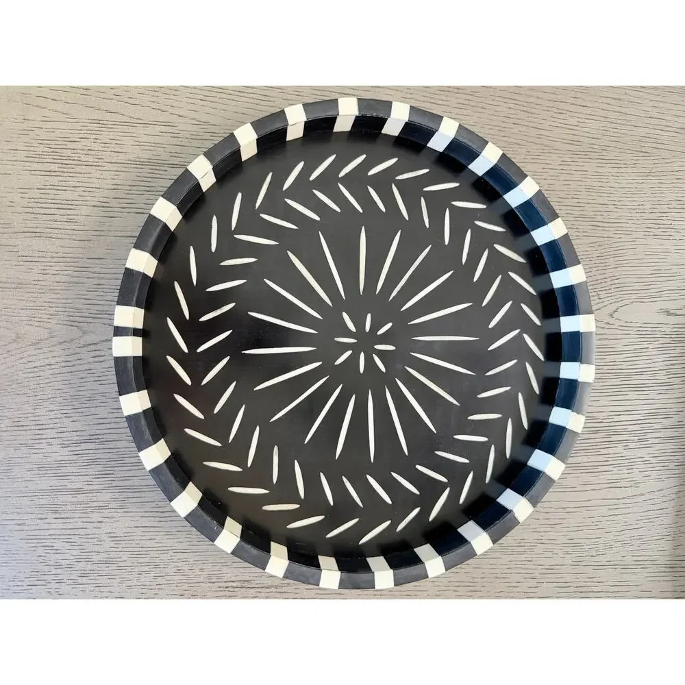 Crate & Barrel Osk Round Bone Inlay Bar Tray Black White Sunburst 14.5” India